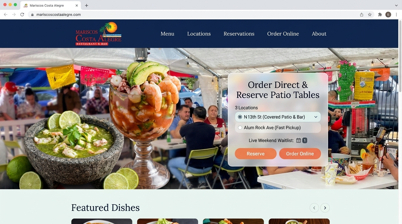 Preview of a new Mariscos Costa Alegre homepage with direct ordering and patio reservations